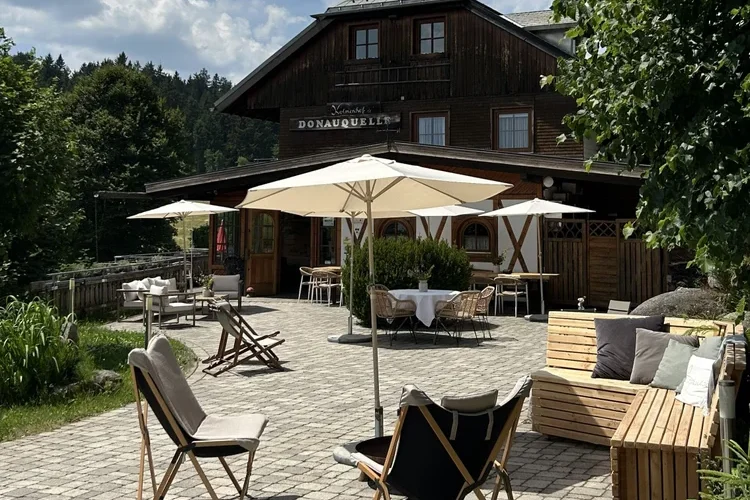 Gemütliche Kaminlounge mit Holzwänden, Holzboden und modernen Möbeln.